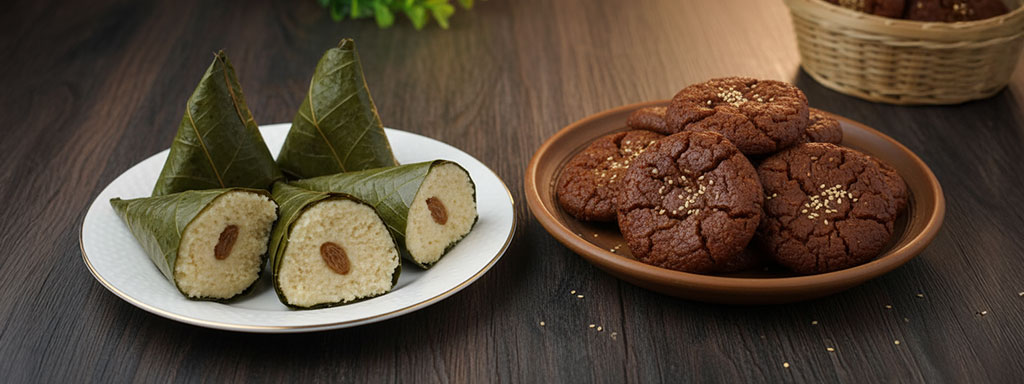 Traditional Uttarakhand sweets Arsa and Singori — Arsa made from rice flour and jaggery, Singori wrapped in Malu leaves with coconut filling, festival delicacies from the hills.