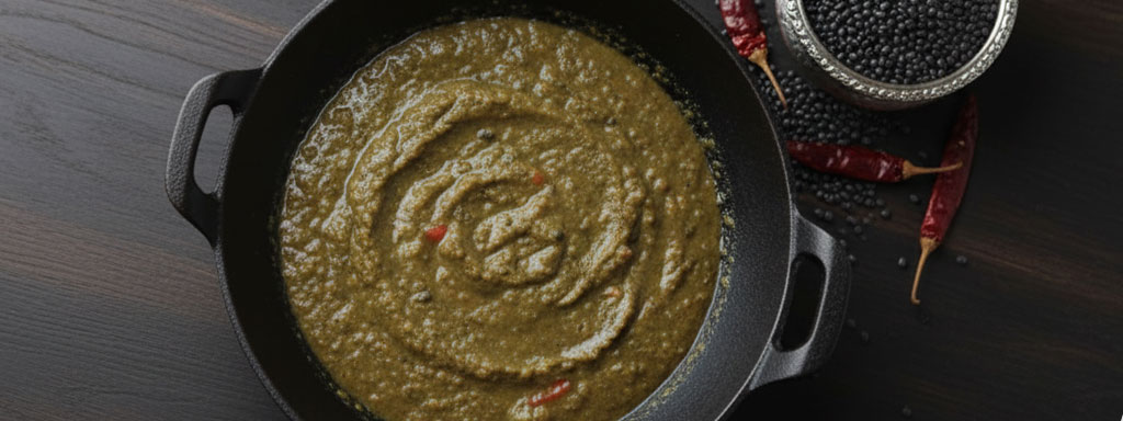 Hearty Chainsoo lentil curry made with roasted black gram (urad dal), rich in flavor and served with steamed rice — an authentic Garhwali comfort food.