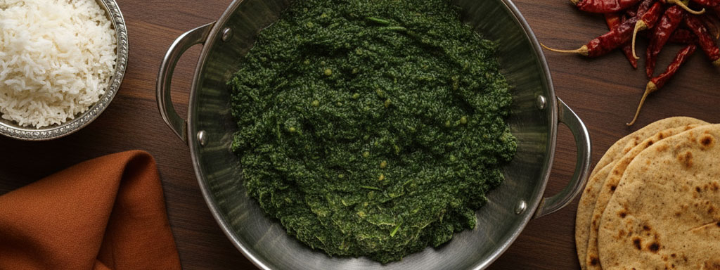 Traditional Kafuli curry made from spinach and fenugreek leaves, cooked in iron wok with local spices — the signature green dish of Uttarakhand.