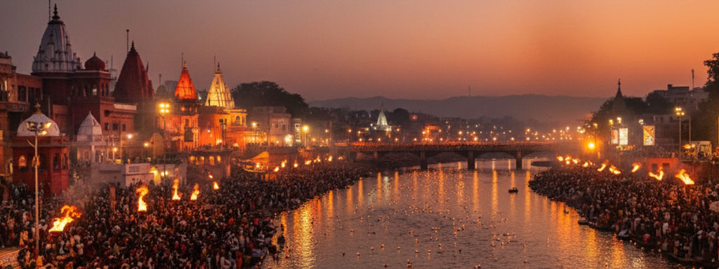 Kumbh-Mela-Haridwar Devotees performing Ganga Aarti during Kumbh Mela at Haridwar, with sacred lamps reflecting on the river — a grand spiritual gathering of millions in Uttarakhand.