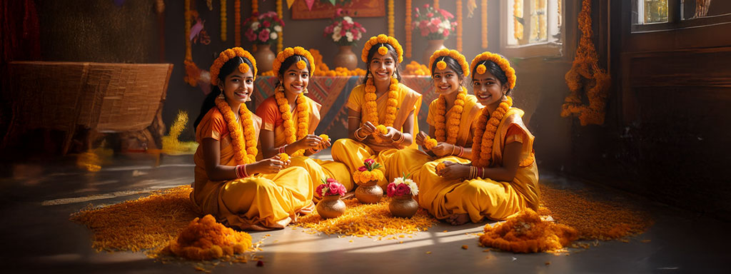 basant-panchami Young Women in yellow praying on Basant Panchami, Uttarakhand.