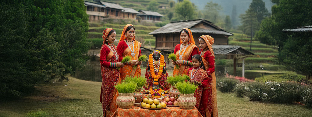 harela Womens worshipping saplings on Harela.
