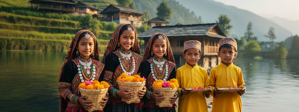 phool-dei Girls placing flowers on doorsteps during Phool Dei.